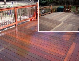 This picture shows the before and after pictures of restoring a hardwood deck.