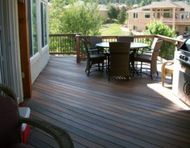 The composite decking was laid at 45-degrees to the joists and the railing is composite with metal balusters.
