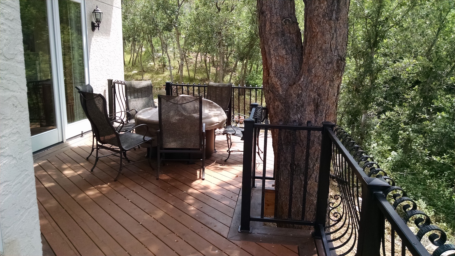 Fire pit, outdoor fireplace, Heart Redwood deck, custom wrought iron railing, Custom deck builders