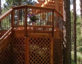 Cedar pergola, Redwood deck, metal deck railing, custom deck builders