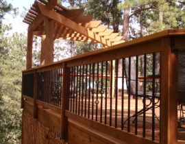 custom metal railing, custom wood deck, pergola, custom deck builders