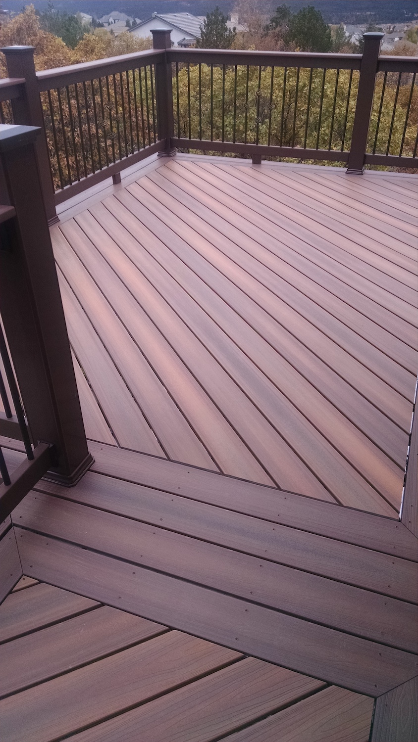 Trex deck laid out at a 45-degree angle to the joists.
