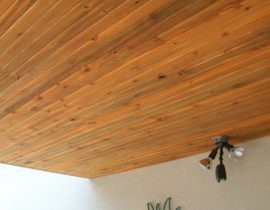 This dry space system has a Beetle Kill Pine tongue and groove ceiling and outdoor lights.
