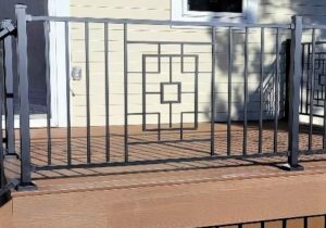 Composite deck with metal RDI Mosaic style railing in matte black