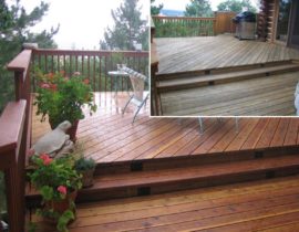 this shows the before and after pictures of a deck that was refinished and stained with a Level 1 stain.
