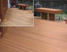 A before picture shows how a Redwood deck looks worn. After we clean and stain with a Level 2 stain the deck looks beautiful.