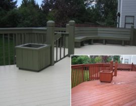 This shows the before and after of a deck that was refinished. The original stain was a redwood color. We refinished it in a solid body stain, the decking in a tan color and the railing, bench, and pot for plants in a grey/green color.
