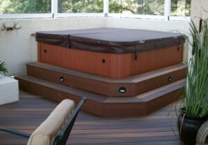 This customer had us install step lights on stairs that wrap around a hot tub.