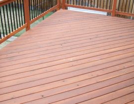 A beautiful Redwood deck with 45-degree deck boards finished in a Level 2 stain.