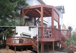 This picture shows what the deck looked like before and after we added a custom cedar pergola.