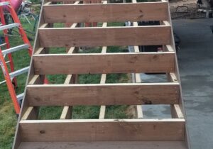 An progress photo, showing the basic framing of deck stairs.