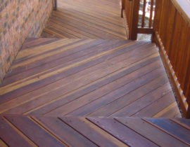 A multi-level deck with each level laid out in an opposing 45 degree angle.