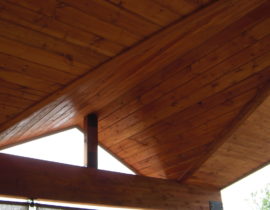 This is a peaked shed roof with closed ceiling in tongue and groove knotty pine. The design of the ceiling creates a very unique architectural element.