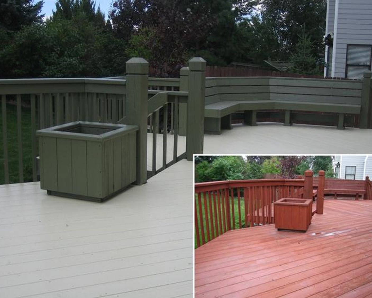 Before and after view of a deck being refinished in a solid body stain
