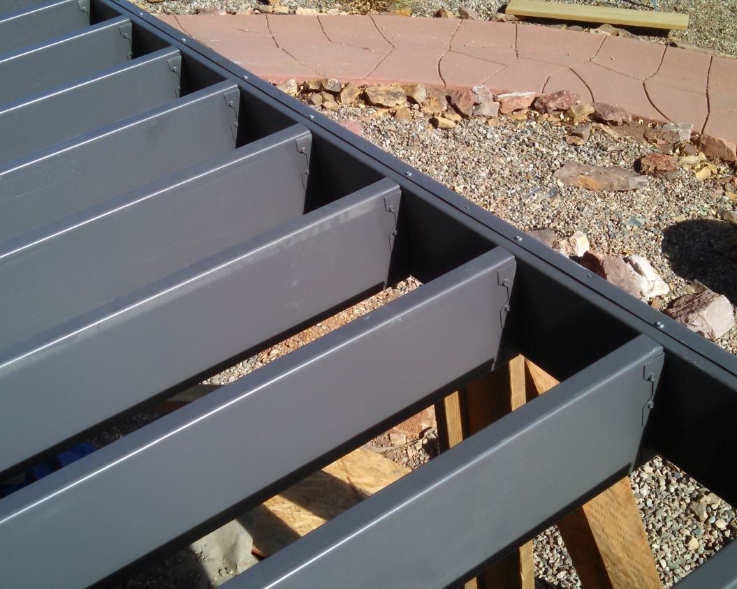 Powder coated steel deck framing before decking material is laid