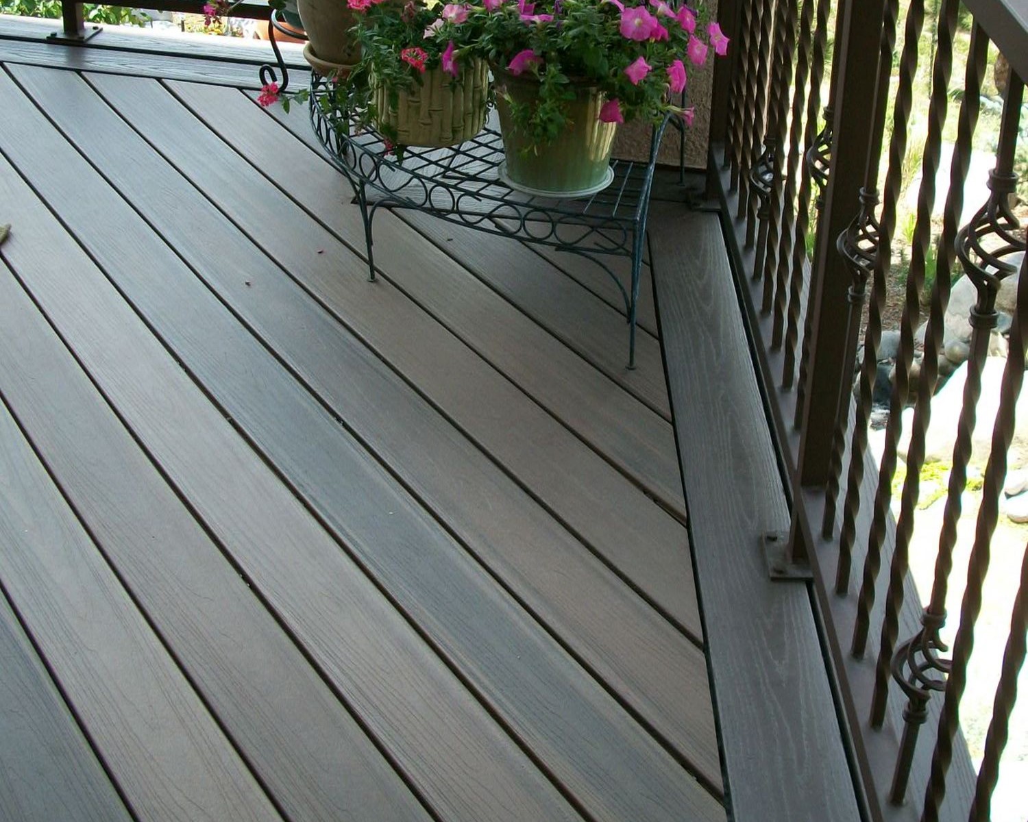 Composite decking laid at a 45-degree angle with a double picture frame border