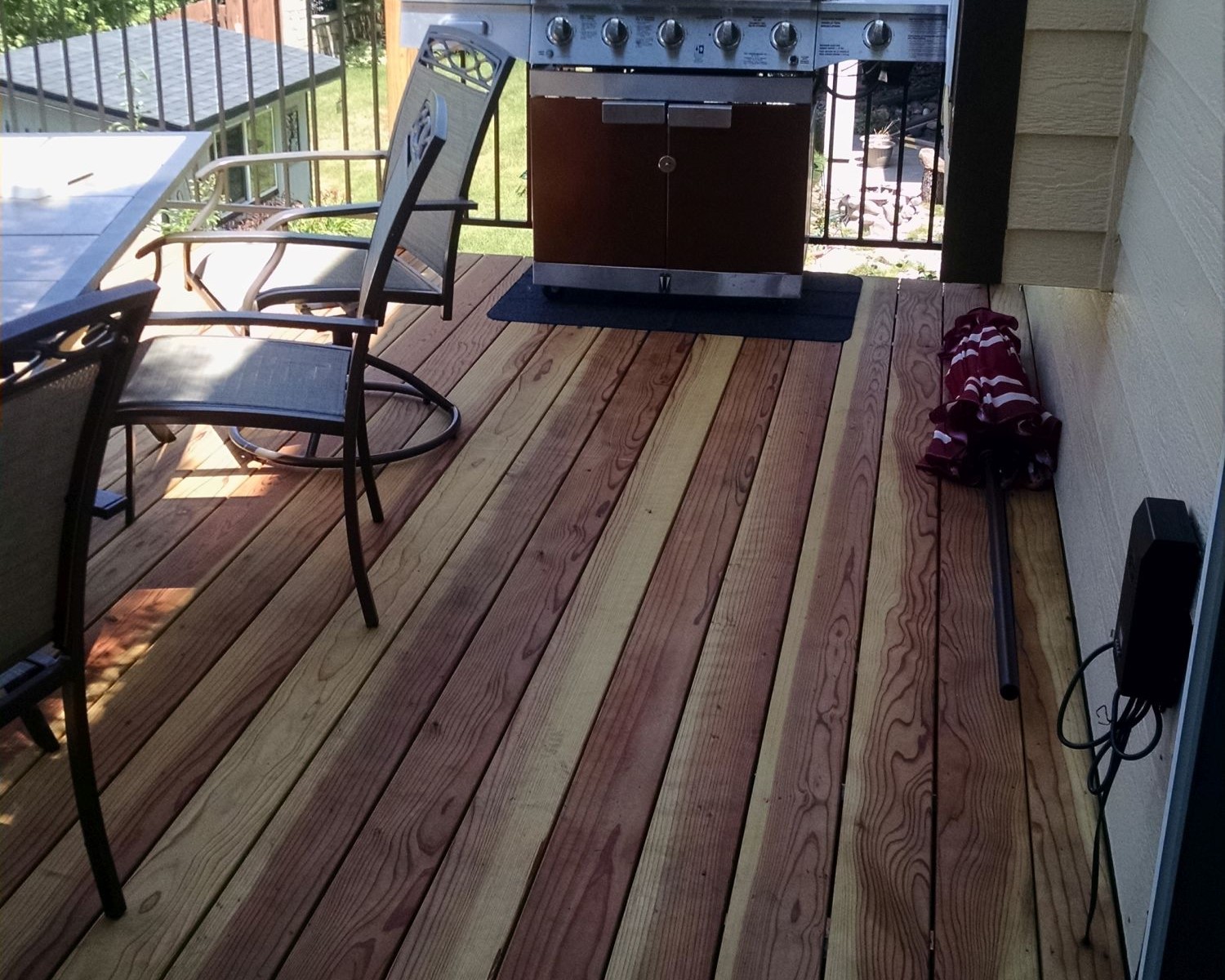 Deck built with B-grade Redwood laid at a 90-degree angle.