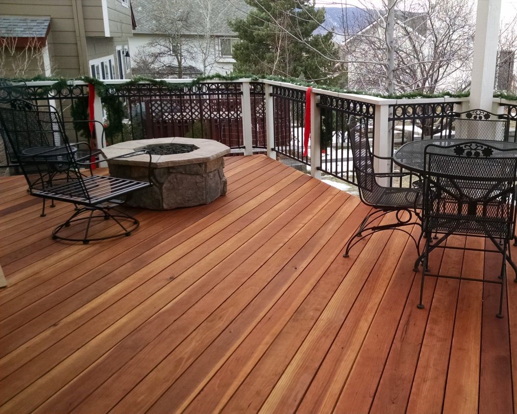 Redwood deck built with B-Grade redwood laid at a 45-degree angle.