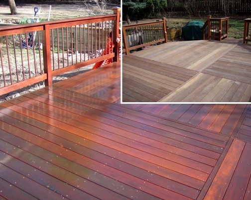 A picture in a picture showing a hardwood deck before and after it has been refinished.