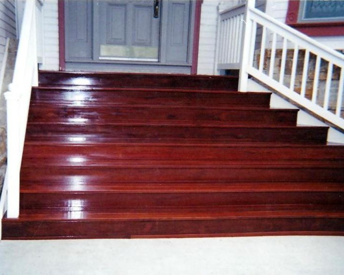 Front entry stairway built with Brazilian Redwood hardwood.