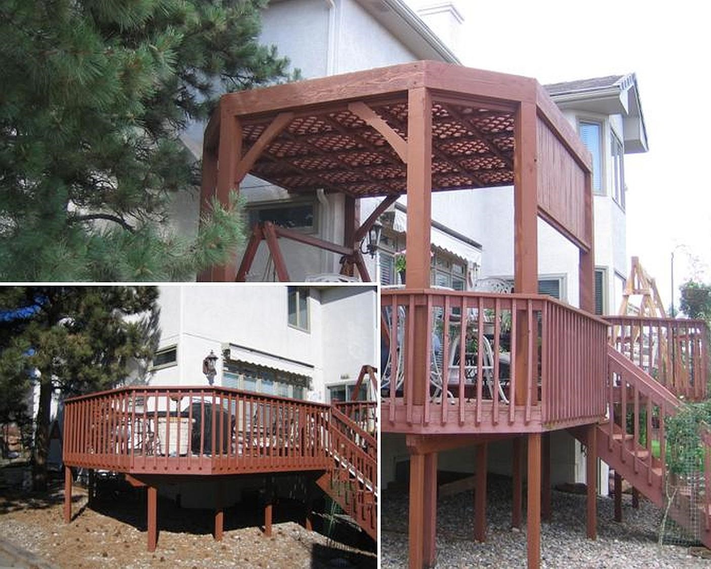 Cedar pergola that has been added to a redwood deck. The picture shows the deck before and after.