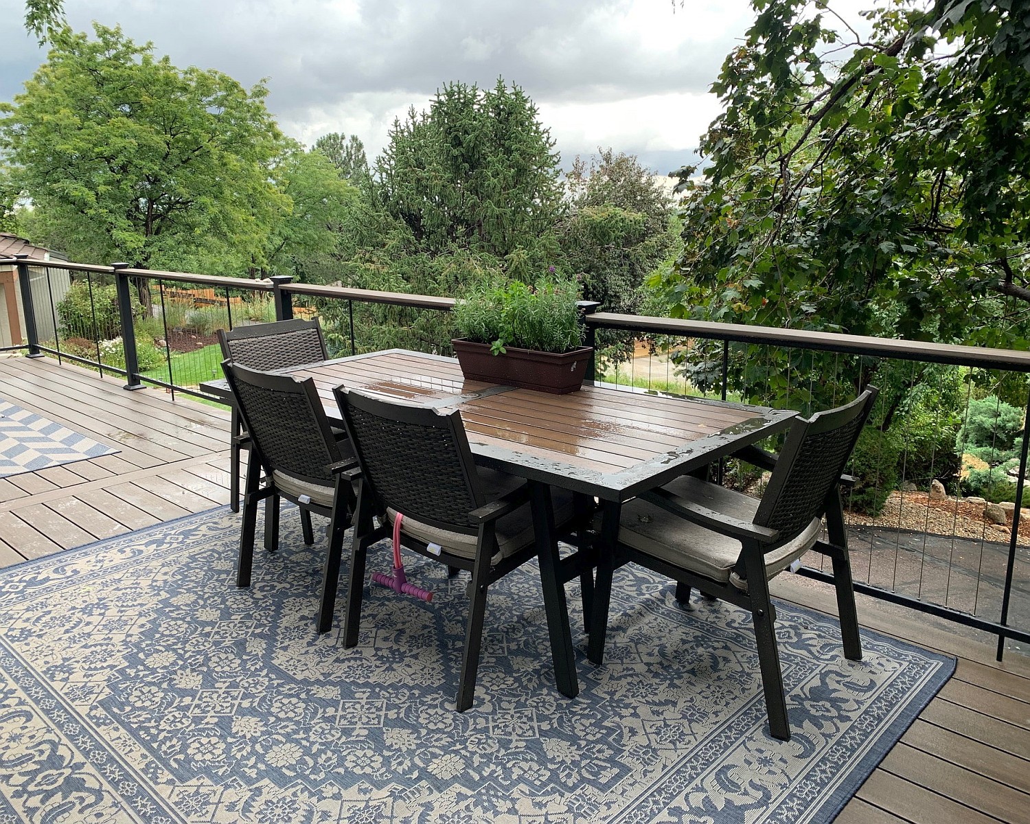 A composite deck with metal and cable railing. Homeowners have added outdoor rugs and dining area