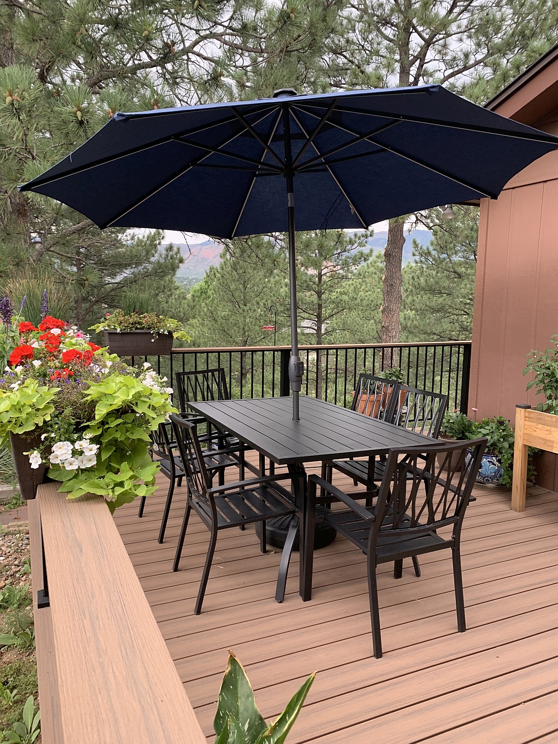 A composite deck with black metal railing that creates a beautiful, outdoor oasis for the owners.