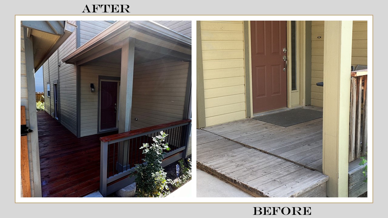 Before and after photos of a redwood porch, railing, and walkway that were replaced.